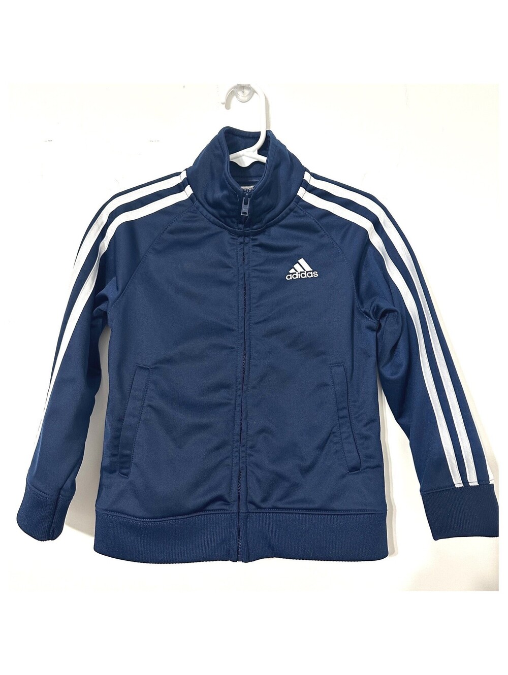 Adidas Boys Navy Blue Track Jacket White 3 Stripe Full Zip Tricot Size 3T